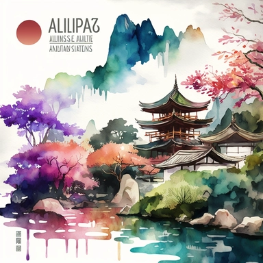 watercolor clipart colourful Asia landscapes, digital illustration, 8k, hd 1:3 v5
