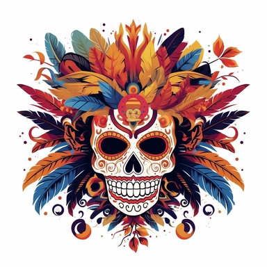isolated flat clipart on a white background of a spooky day of dead themed voodoo mask tshirt design graphic, in the style of daniel f. gerhartz, transcendent, nikon d850, art of burma, captures the essence of nature, in the style of organic forms and patterns, expansive skies, hyper-detailed illustrations, i can't believe how beautiful this is, lively colors