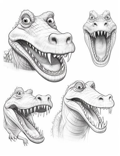 clip art coloring book page for toddler. four different images of an Alligator. white background. simple line drawing. very low detail.