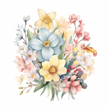A charming clipart of a bouquet of fresh spring flowers on a white background, painted in delicate watercolors and pastel tones. The bouquet is filled with a variety of spring flowers such as tulips, daffodils, and cherry blossoms. Each flower is beautifully detailed, with soft color tones that blend harmoniously into the overall image. The pastel tones evoke a sense of freshness and rebirth associated with spring, making this image perfect for any design project that calls for a touch of nature