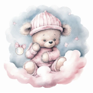 clipart, a whimsical illustration of a contented, loving and angelic baby teddy bear, wearing pajamas and pajamas hat, floating on a cloud, surrendered by pink fluffy clouds, Use a smooth and light watercolor technique to give the artwork a dreamy and ethereal quality