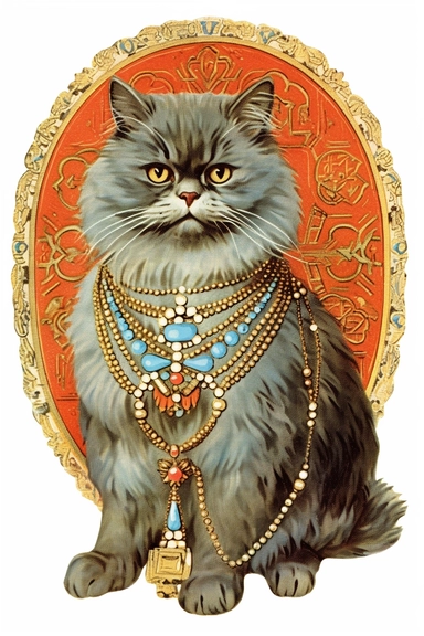 Vintage 1920 Persian Cat wearing an elegant necklace encrusted with shimmering crystals and a matching bracelet Illustration , Chromolithograph, Die Cut, 1920s Illustration, Vintage, Chromolithograph, Colorful, Antique, Ephemera, Clipart, 8k, Isolated on white