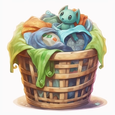 laundry basket, with blue and green clothes inside, for children`s book illustration style, Watercolor Clipart, strybk, full Illustration, 4k, sharp focus, watercolor, concept art, muted colors, watercolor style, strybk, children's style fairy tales, chibi kawaii, . Octane rendering, 3d.
