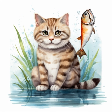 Cute Fishing Cat Watercolor Sublimation Clipart, Clipart, white background, no watermark, no text, no word,
