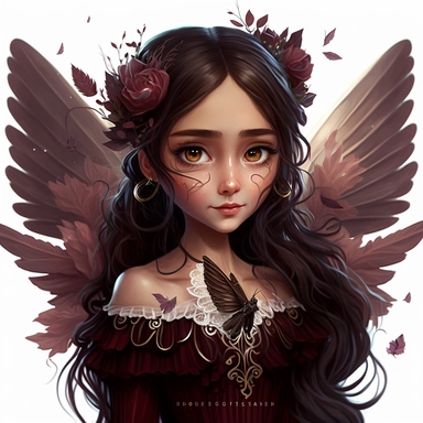 lilly stone, beautiful smiling fairy with large wings, 10 year old girl with long dark brown wavy hair, burgundy dress, big eyes, BENTE SCHLICK style illistration, sparklecore, flowers, hyper detailed, white background, mid shot, clipart