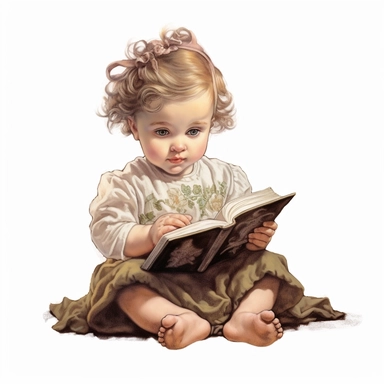 Cute Beautiful Vintage Baby Girl Reading Book Sublimation Clipart,hyper realistic, intricate detail, illustration style,high solution,on the white background