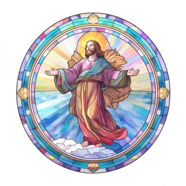 A stained glass window depicted Jesus ascending to heaven on a background of white, in the style of reimagined religious art, prismatic portraits, sketchfab, tondo, uhd image, clipart, circular shape,
