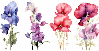 Watercolor realistic Hollyhock, iris, morning glory orchid and peony floral cliparts with white background