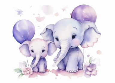 watercolor cute little baby elephants and balloons, in the style of light silver and light purple, victorian-inspired illustrations, nature-inspired pieces, playful arrangements, plush doll art, elaborate borders, high resolution, clipart, white background