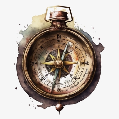 brass oldschool compass, watercolor, clipart
