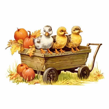 baby farm animals on a hay wagon full of rectangular bales of hay on an autumn day, chickens and ducks walking by, autumn colors on a white background, clipart, vintage style--q2--s1000
