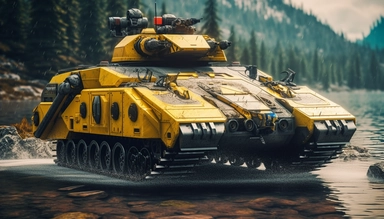 cyberpunk 2077 inspired airborne amphibious tank with turrets, armored airborne vehicle in water clipart. Cinematic, Ultra-Wide Angle, Depth of Field, hyper-detailed, Unreal Engine, Cinematic, Photoshoot, Shot on 25mm lens, Depth of Field, DOF, Tilt Blur. Shutter Speed 1/1000, F/22, White Balance, 32k, Super-Resolution, Megapixel, Pro Photo RGB, VR, Lonely, Good, Massive, Half rear Lighting, Backlight Natural Lighting, Incandescent, Optical Fiber, Moody Lighting, Cinematic Lighting, Studio Light