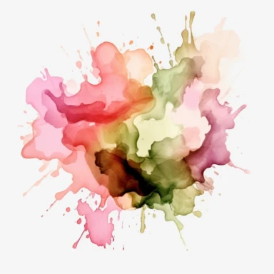 Create a watercolor-style clipart of a dynamic, large splash, featuring an interplay of pastel green, pink, and brown colors in a vibrant overlap. Start by illustrating a large, abstract shape of a splash, capturing its spontaneous and fluid nature with freehand, expressive strokes. Within the splash shape, begin layering the pastel colors. Use a soft green for the base layer, allowing the pigment to flow naturally, unevenly filling the splash area to contribute to the sense of spontaneity. Next