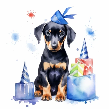 watercolor clipart white background moving living blue cartoon cute puppy dobermann dog birthday