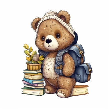 super-cute knitted baby bear with backpack and student book, knitted style, Perfect for nursery art and children's book illustration style, simple, cute, full color, clipart, watercolor illustration, single object, high definition 8k, white background for removing background