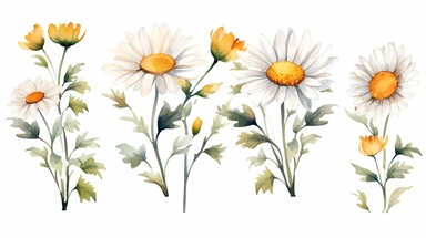 Watercolor Daisy flower clipart. Chamomile floral border, bouquets, wreath. Wildflowers for wedding invitations and greeting cards. Watercolour illustration. Rustic flower
