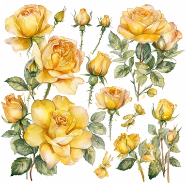 clipart set of buttercup yellow roses, whimsical watercolor painting, separated with white margins between each item, isolated on white background