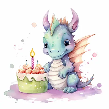 Cute happy Watercolor cake Baby Dragon Clipart, on a white background