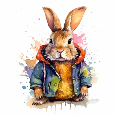 a moving rabbit dressed up, dressed up, happy smiling face, cute animal, adorable, playful atitude, adorable watercolor animal clipart, no background, high quality and very sharp image with clear focus