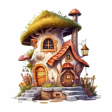enchanted detailed fantasy fairy tale elf house in cartoon style, creamy warm colors on white plane background, impressive, 4k, clipart