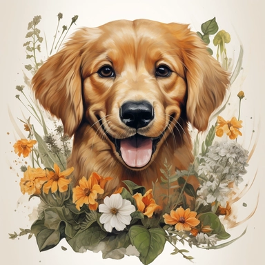 high detailed, Hand drawn watercolor clipart of golden retriever puppy with flowers and plants, Watercolor, art nouveau , on a white background
