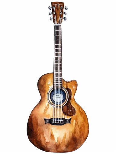 brown acoustic guitar Watercolor clipart with white background, cute and adorable, flat design, clearly defined separated image, high quality
