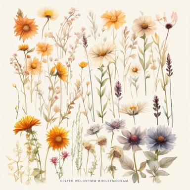Create a stunning collection of ultra-detailed watercolor clipart, capturing the untamed beauty of wild flowers and the delicate charm of dried plants. The clipart should showcase a variety of wild flowers, such as daisies, sunflowers, lavender, and other blossoms found in nature's wilderness. Each flower should be meticulously painted, preserving the unique colors and intricate details that make them so captivating. Additionally, incorporate dried plants, including delicate stems, leaves, and s
