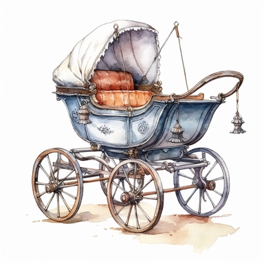 Baby Carriage sharp illustration clipart, watercolor art, insane detail, white background
