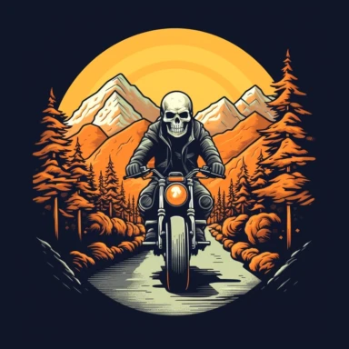 skull head motorcyclist on his harley riding down a steep mountain road clipart