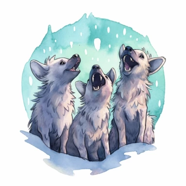 group of cute hyenas, howling at the moon in perfect harmony, their voices carrying through the night, vibrant pastels, clipart, on a white background