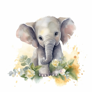 Create a watercolor illustration clipart of a playful cute Baby Elephant Smelling the flowers, with its full body visible. Use soft, flowing brushstrokes and a warm, inviting color palette to create an image that is both charming and whimsical. Incorporate intricate details like the motion of Baby Elephant Smelling the flowers to create a lifelike, realistic image. Can add other elements to the illustration like related item to play to create playful scene. Use white background to allow the wate