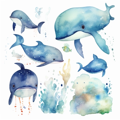 Sea Creatures of cute watercolor clipart, Whales, powder blue, jumping out of the water, 8k