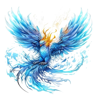 a glowing phoenix with blue lights on his eyes, fantasy creatures, watercolor style, in the style of bold black outlines, manhwa character design, master of white, pure white and light azure,delicate detail, 2d game art, quadratura, clipart, on white blackground
