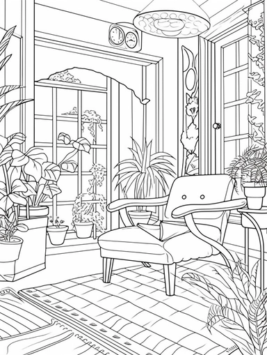 An Adult Coloring Book Featuring Fun and Relaxing Interior Home Designs with Beautifully Furnished Rooms and Welcoming Outdoor Spaces, coloring page line art, black and white clipart for coloring page, simple and clean line art, illustration style,