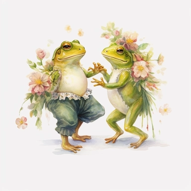 cute frog designs dancing with flowers, in the style of fairycore, surrealistic poses, animation, kawaii, green academia, beatrix potter, watercolor print, white background, watercolor paint, procreate watercolor drawing, Watercolor Sublimation design, realistic cartoon, realistic water based colors, clipart, transparent white background