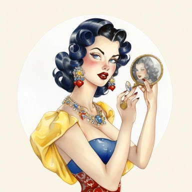 Hand drawn 1950’s pin up woman, dressed like Disney's Snow white, holding a gold hand mirror, shades of blue yellow and red, very glamorous with jewelry, half body, very detailed and realistic, watercolor, white background with margins, clipart style