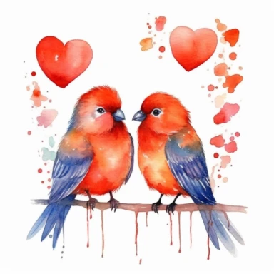 Valentine's Day, Watercolor Clipart, Love Birds, White Background, High Definition, Outlined