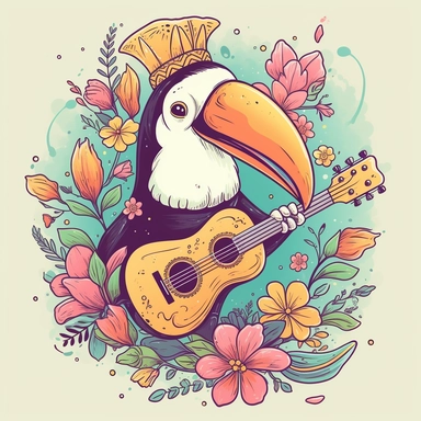 a smiling toucan with a ukulele and a flower crown, depicted in a whimsical, cartoon style, surrounded by colorful flowers and butterflies. The mood of the artwork is cheerful and playful, with a soft pastel color palette. The lighting style is bright and sunny, evoking a warm and inviting feeling. clipart design graphic, vector, contour, super cute, isolated white background, high quality, 2d, flat