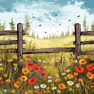 an old wooden fence clipart, wildflower field background