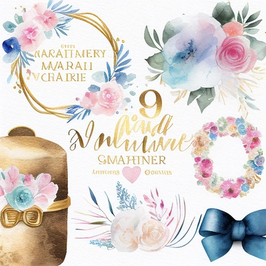 watercolor marriage anniversary clipart collection, white background, white, pink, blue and gold illustrations