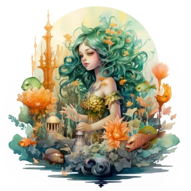 Clipart watercolor: mermaid perched on a seashell throne, surrounded by curious sea turtles and tropical fish