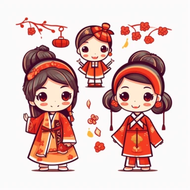 Clip art Chinese New Year costume, flat color, thick lines, cute cartoon white background 8k,--q3