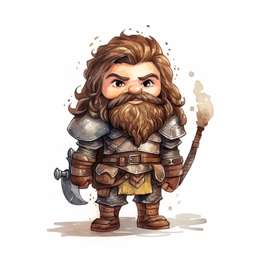 full body of gimli, lord of the rings, dwarf with dark curly hair and beard and big eyes, in armour, cute watercolor character, anime, clipart, png, isolated