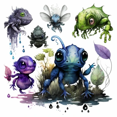 ink wash cute creature clipart on transparent background, rodney matthews style, no splash, black inky blue purple violet green, single sheet, 4k