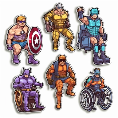 6 clipart elements, series of very hyperdetailed colorful stickers, cool people with disabilities, marvel style, superheros, each sticker with a clear white outline between each element, light grey background, realistic