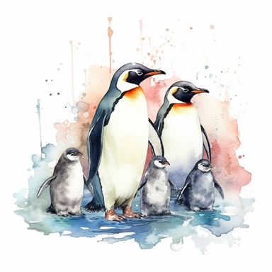 Watercolor clipart consist group of penguins with fish in their beaks, depicting the act of feeding their young, Produce very high detailed image, Produce very high quality image, The penguin proportion is same as real emperor penguin, Left some white empty space around the image frame,