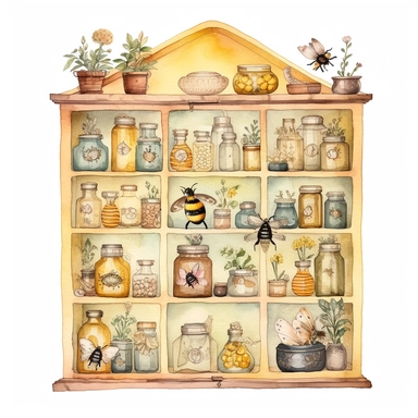 whimsical watercolour clip art curiosity cabinet with glass doors. Bee and honey themed