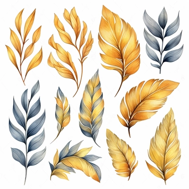 watercolor clipart gold leafs flashs tattoo, white background, realitic