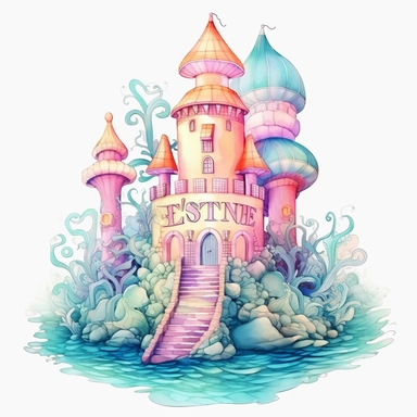 Pastel Cute Beautiful Fairy Castle of Mermaid Sublimation Clipart,Cartoon, hyper realistic, intricate detail, illustration style,high solution,on the white background