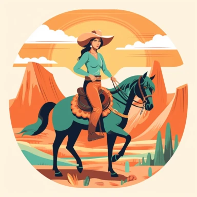 Design a bold cowgirl clip art illustration with a confident cowgirl wearing a wide-brimmed hat, fringed jacket, and riding boots, atop a spirited horse against a backdrop of rugged mountains. Style: Bold and vibrant with strong line work and traditional color palette. Keywords: Cowgirl, wide-brimmed hat, fringed jacket, riding boots, mountains, horse. Reference Artist: Let's draw inspiration from the iconic cowgirl illustrations by Charles M. Russell